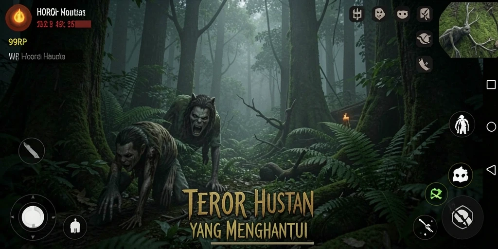 Tampilan antarmuka 99RP saat menjelajah hutan yang menyeramkan.