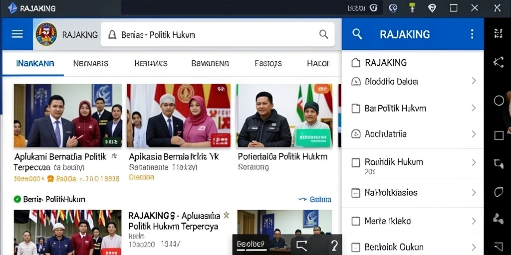 Antarmuka aplikasi RAJAKING menampilkan berita politik dan hukum terbaru.